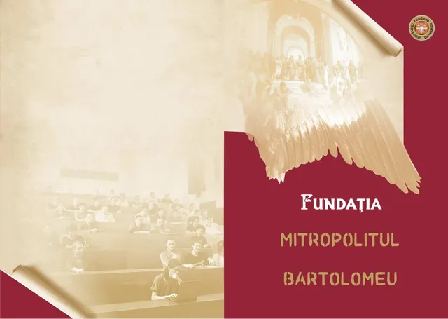 Imaginea prezintă un fundal roșu cu textul Fundația Mitropolitul Bartolomeu și o ilustrație sepia cu o figură ale cărei aripi sunt întinse.