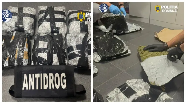 Mai multe pachete învelite în folie neagră și albă sunt așezate pe un podea lângă o geantă neagră cu inscripția albă ANTIDROG.
