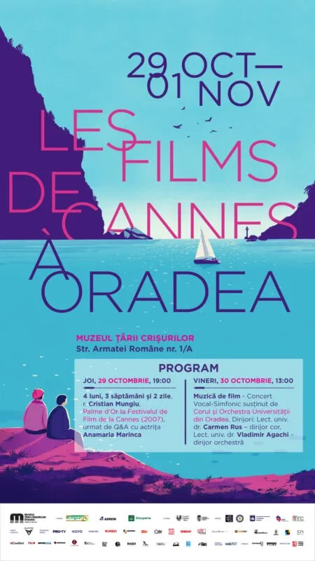 Un afiș albastru și roz prezintă textul unui eveniment, o siluetă de munte, păsări și o barcă cu vele pe apă.