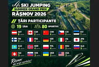 Un infografic prezintă o imagine aeriană a unor săliți de sărituri cu schiurile înconjurate de vegetație, alături de liste de țări și numărul de sportivi.
