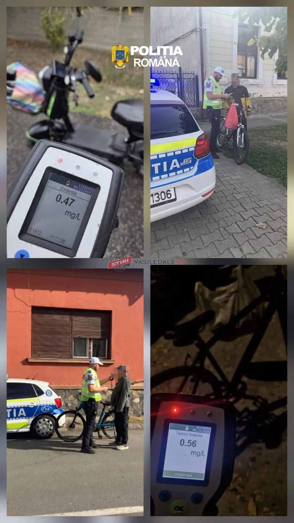 Un colaj format din patru imagini cu un aparat de testare a alcoolemiei, un vehicul de poliție, un agent și un motociclist.