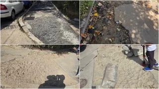 Imagine compusă din patru cadre care arată porțiuni de trotuar cu pământ, pietriș și plăci de beton neregulate lângă o stradă.