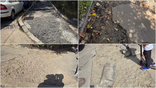 Imagine compusă din patru cadre care arată porțiuni de trotuar cu pământ, pietriș și plăci de beton neregulate lângă o stradă.