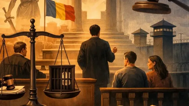 O ilustrație cu cântarul dreptății în prim-plan și trei persoane privind spre o clădire cu turnuri de supraveghere sub un steag.