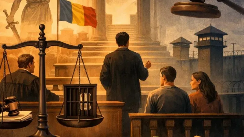 O ilustrație cu cântarul dreptății în prim-plan și trei persoane privind spre o clădire cu turnuri de supraveghere sub un steag.