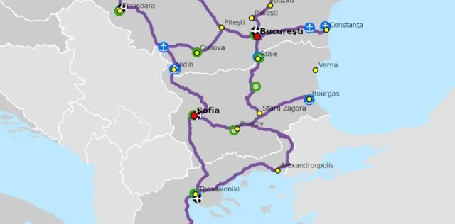 O hartă a unor regiuni europene prezintă linii mov care conectează diverse orașe marcate prin puncte colorate și simboluri.