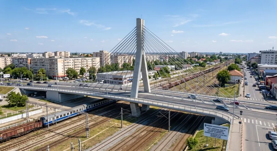 O structură de tip pod suspendat cu un pilon central trece peste mai multe căi ferate și o stradă cu mașini circulante.