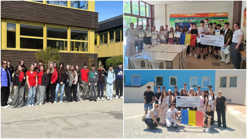 Două fotografii grupate arată grupuri de elevi și profesori stând în fața unor clădiri, unii dintre ei ținând foi de hârtie albe.