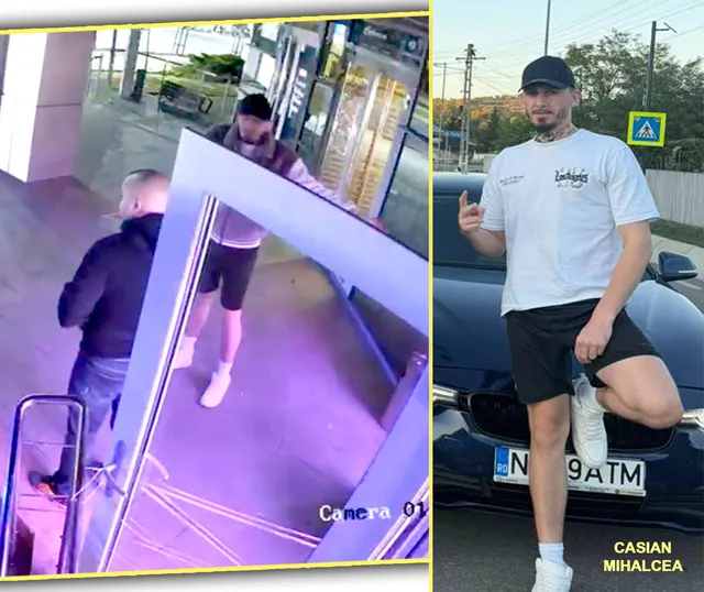 Un bărbat cu tricou alb și pantaloni scurți negri stă lângă o mașină neagră, în timp ce în partea stângă apare o captură video cu doi bărbați.