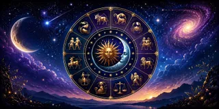 Un cerc zodiacal cu simboluri aurii este centrat într-un cer nocturn plin de stele, o galaxie spiralată și o lună crescătoare.