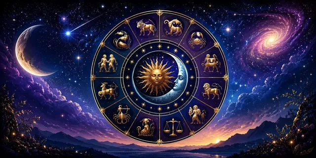 Un cerc zodiacal cu simboluri aurii este centrat într-un cer nocturn plin de stele, o galaxie spiralată și o lună crescătoare.