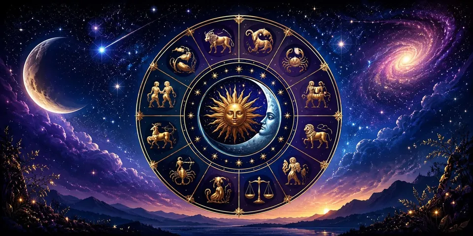 Un cerc zodiacal cu simboluri aurii este centrat într-un cer nocturn plin de stele, o galaxie spiralată și o lună crescătoare.