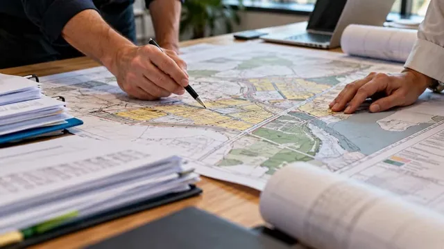 Două persoane indică și analizează un plan de urbanism întins pe o masă lângă stive de documente și un laptop.