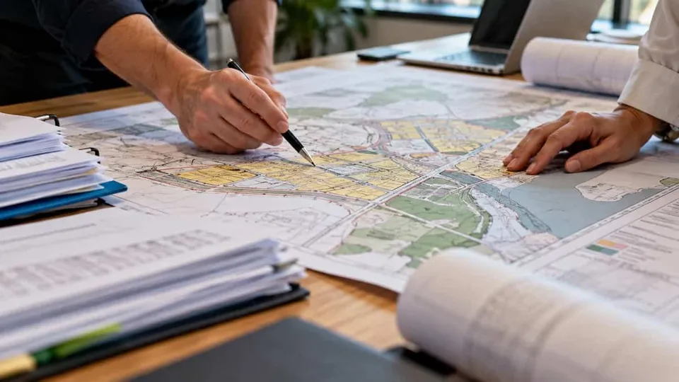 Două persoane indică și analizează un plan de urbanism întins pe o masă lângă stive de documente și un laptop.