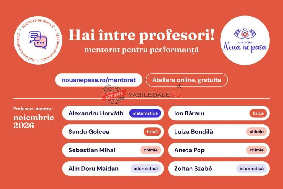 Un afiș de culoare portocalie prezintă textul programului de mentorat, numele unor mentori și disciplinele aferente acestora pe fundal alb.
