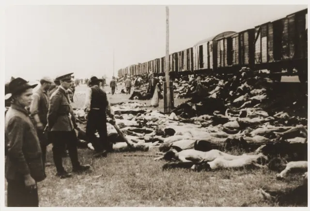 O fotografie alb-negru prezintă numeroase cadavre întinse pe sol lângă un tren lung format din vagoane de marfă, în prezența unor bărbați în uniformă.