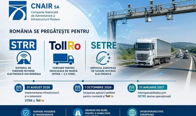 Un camion alb circulă pe o autostradă lângă un panou informativ albastru cu text și grafice despre sisteme de tarifare rutieră electronică.