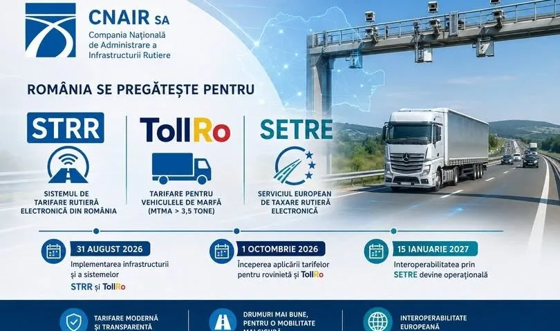 Un camion alb circulă pe o autostradă lângă un panou informativ albastru cu text și grafice despre sisteme de tarifare rutieră electronică.