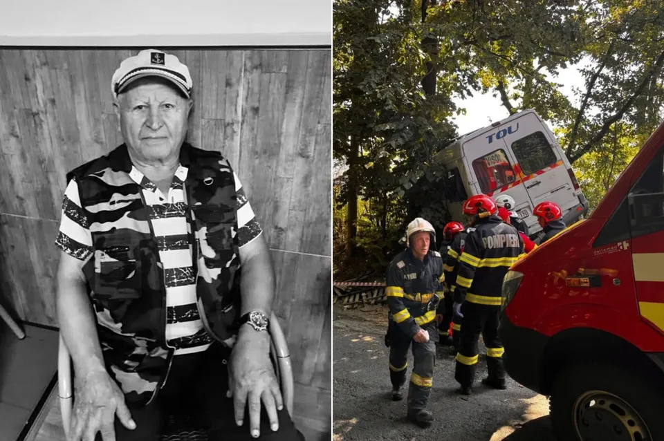 Imagine compusă formată dintr-un portret al unui bărbat cu șapcă și vestă camuflaj și o scenă cu pompieri lângă o ambulanță.