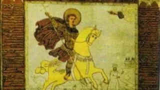 O pictură pe fundal auriu înfățișează un personaj cu aureolă călare pe un cal galopând, purtând o mantie roșie și o suliță lungă.
