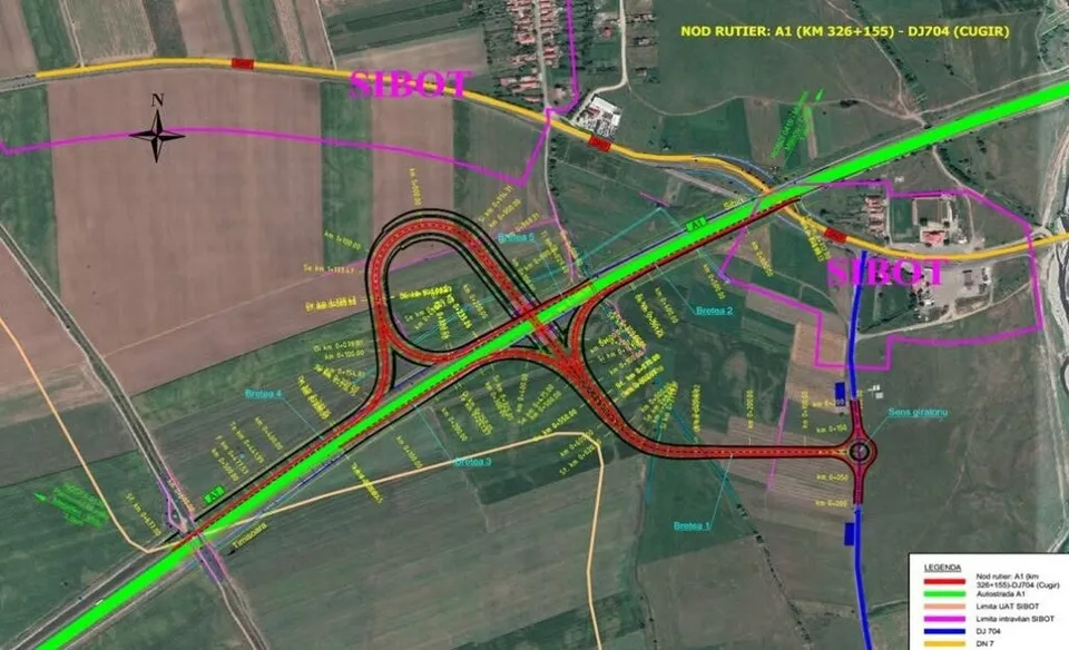 O hartă tehnică arată un proiect de intersecție rutieră cu linii colorate verzi, roșii și galbene pe un fundal de terenuri agricole și vegetație.