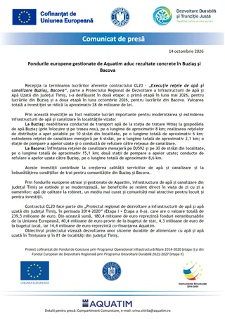 Un comunicat de presă pe fundal alb prezintă text în limba română și diverse logo-uri colorate în partea de sus și de jos.