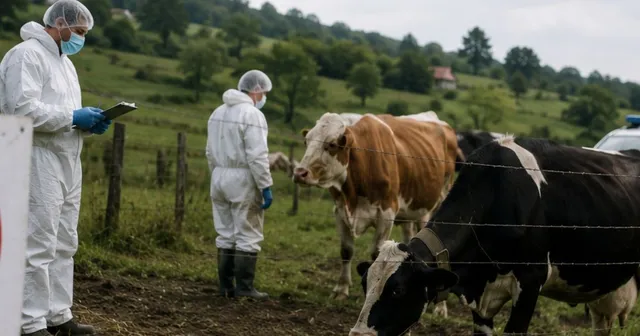 Două persoane purtând costume de protecție albe și măști stau într-un câmp lângă un grup de bovine.