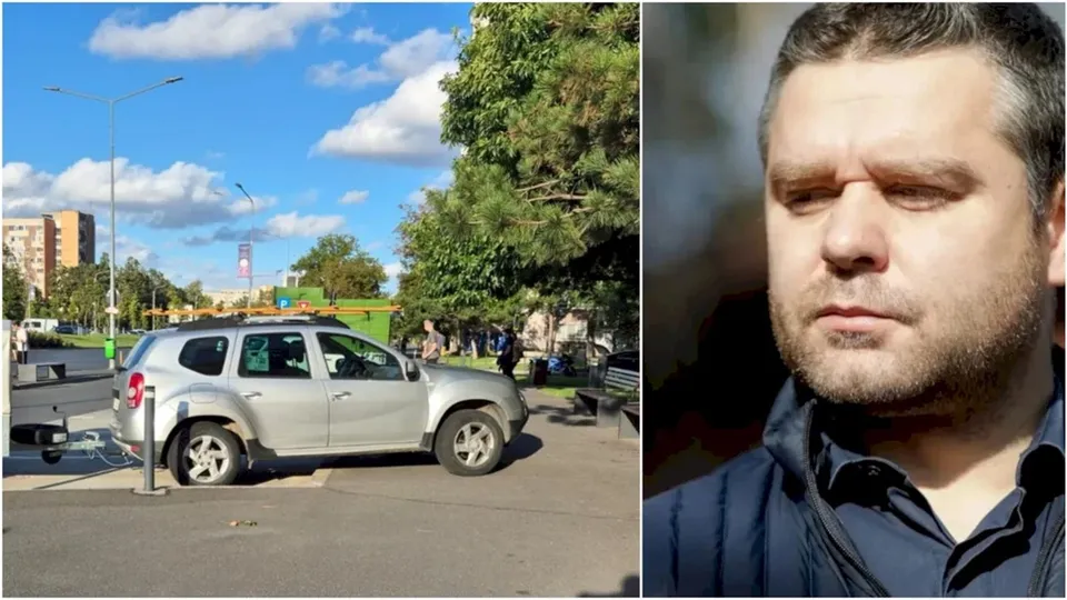 O imagine compozită arată un SUV argintiu parcat pe o stradă urbană, lângă un copac, și un portret al unui bărbat cu barbă, cu o expresie serioasă.