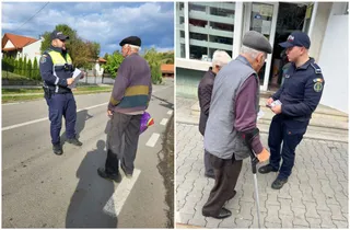 Un polițist în uniformă stă pe drum lângă un bătrân, în timp ce în partea dreaptă un alt polițist vorbește cu un bătrân care folosește un crutch.