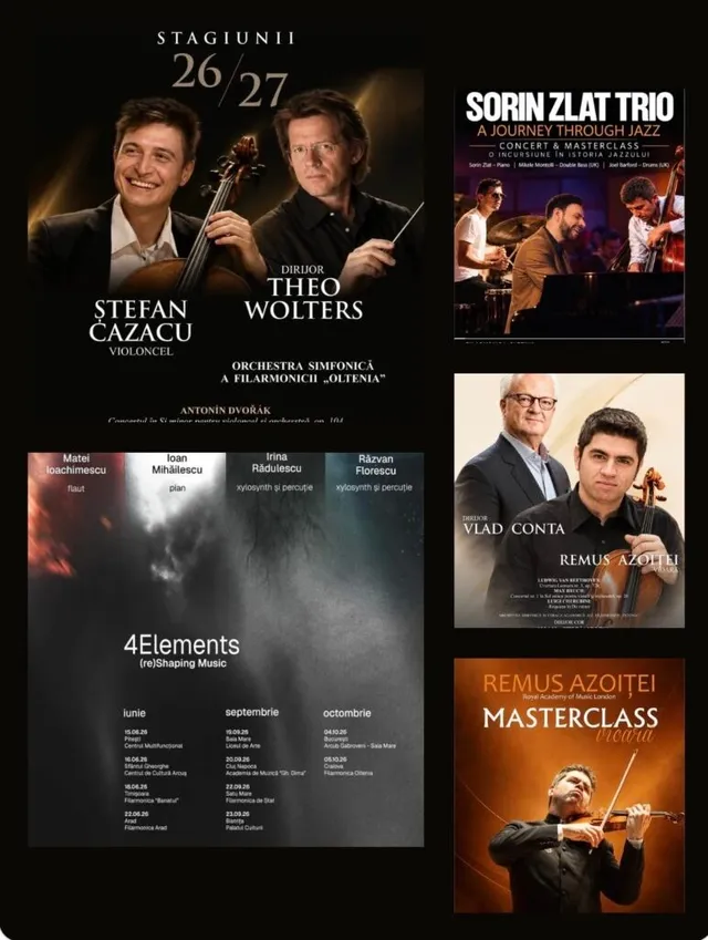 Un afiș compus din mai multe fotografii cu muzicieni, instrumente muzicale și detalii despre un program de concerte pe fundal negru și portocaliu.
