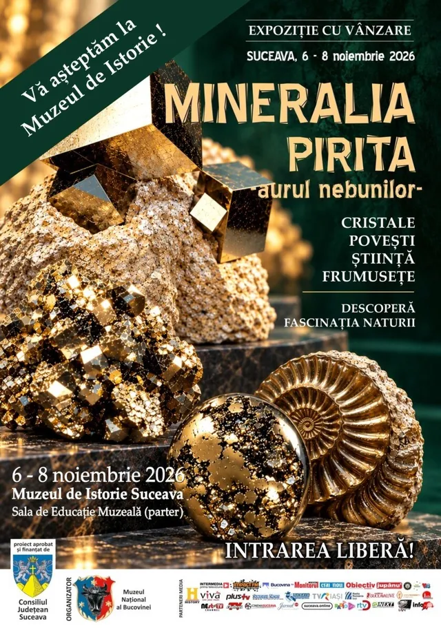Compoziție cu diverse minerale, inclusiv cristale aurii și un fosil spiralat, pe un fundal întunecat cu text scris în culori galben și alb.