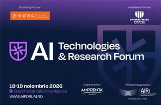 Un afiș albastru pe fundal violet prezintă textul AI Technologies & Research Forum și detalii despre locație și dată.