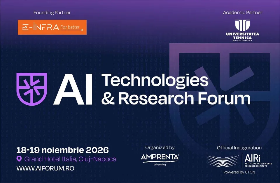 Un afiș albastru pe fundal violet prezintă textul AI Technologies & Research Forum și detalii despre locație și dată.