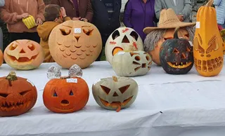 O colecție de dovleci carving cu expresii variate, unele cu etichete, aranjate pe o masă albă, în fața unor persoane.