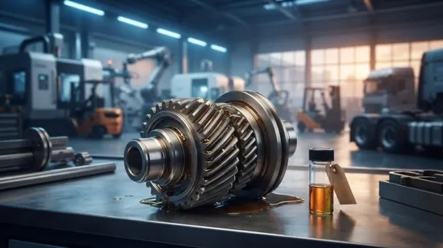 O roată dințată metalică și un ax sunt așezate pe o masă de lucru lângă un recipient mic cu lichid gălben.