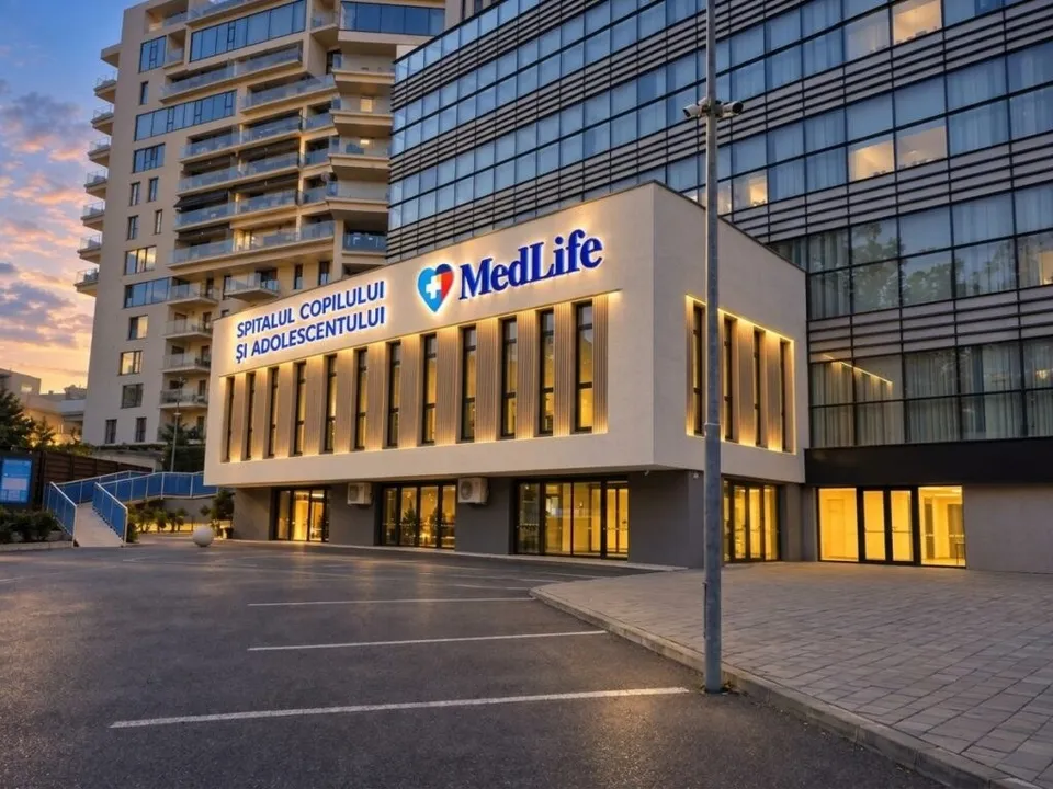 O clădire modernă cu fațadă albă prezintă un semn MedLife și textul Spitalul Copilului și Adolescentului sub un cer la apus.