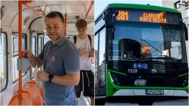 Un bărbat stă în interiorul unui vehicul lângă un stâlp portocaliu, iar în partea dreaptă apare fața unui autobuz verde cu numărul 381 afișat.