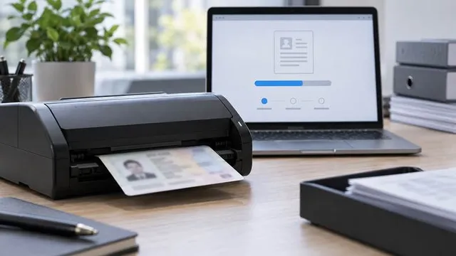 Un scanner imprimă un act de identitate pe birou, lângă un laptop care afișează un formular de verificare.
