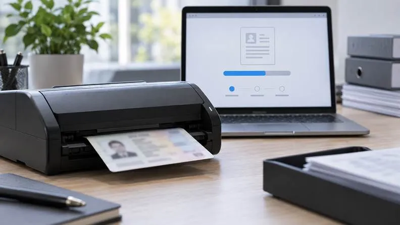 Un scanner imprimă un act de identitate pe birou, lângă un laptop care afișează un formular de verificare.