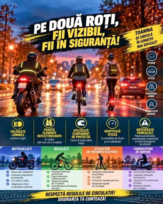 O motocicletă, o bicicletă și o trotinetă electrică circulă pe un drum asfaltat pe timp de seară, sub lumină artificială.