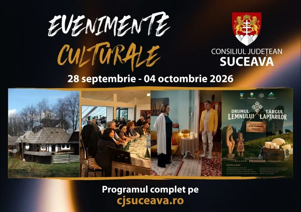 Un afiș negru prezintă textul evenimentelor culturale, un scut colorat și patru fotografii rectangulare ilustrând o casă veche, oameni la o masă și un peisaj.