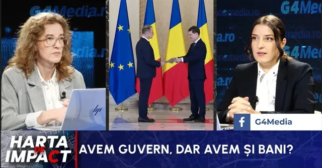 Imaginea afișează două femei în costum la o emisiune televizată, cu un ecran central arătând doi bărbați shaking hands înainte de steagelor UE și ale României.