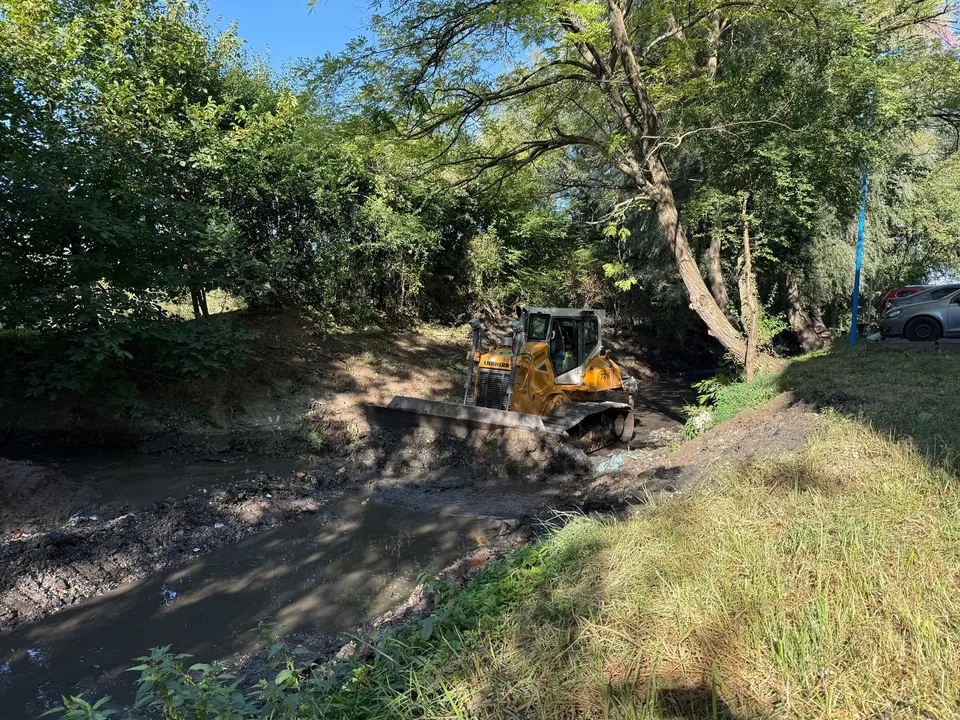 Un buldozer galben lucrează într-un canal de apă noroios, înconjurat de vegetație luxuriantă și copaci. Pe malul opus se văd mașini parcate.