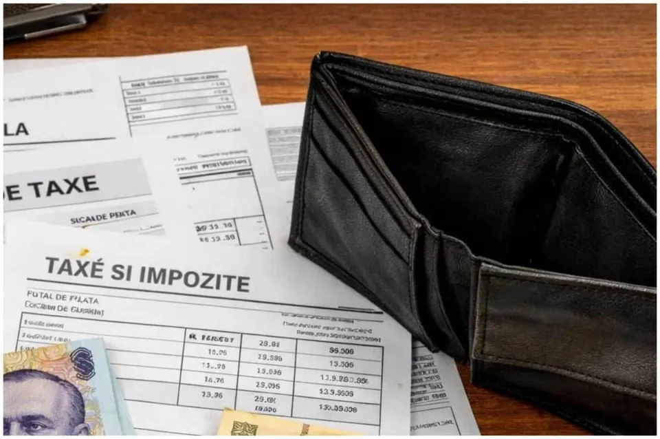Un portofel negru deschis este așezat pe câteva documente de tip factură sau chitanță, lângă niște bancnote pe o suprafață de lemn.