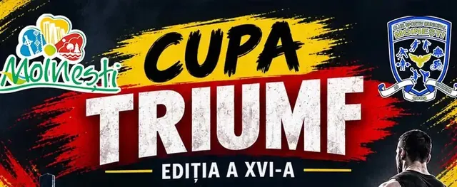 Afiș cu inscripția Cupa Triumf, ediția a XVI-a, logo-uri sportive și silueta unui sportiv.