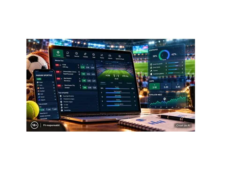 Un laptop deschis afișează interfețe digitale cu grafice și date statistice, situat pe o masă lângă un fotbal, o minge de tenis și un notebook.