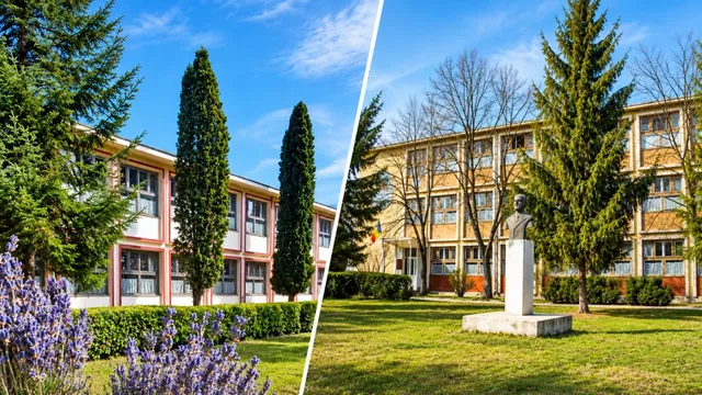 O clădire de școală cu ferestre mari este vizibilă pe ambele părți ale unei linii diagonale albe, înconjuratâ de arbori și iarbă verde.