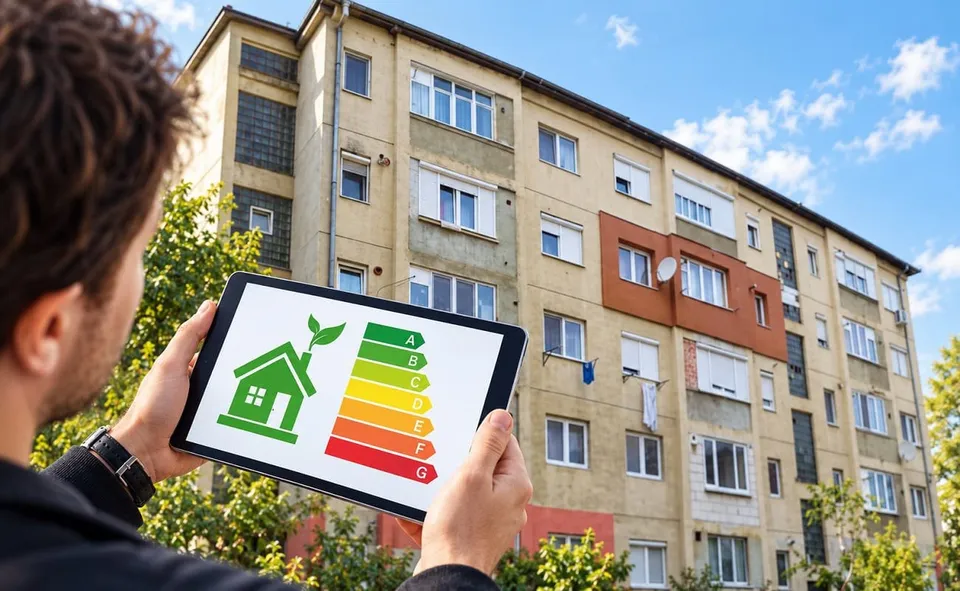 Un bărbat ține o tabletă care afișează o casă verde și un grafic de eficiență energetică în fața unui bloc de locuințe cu ferestre multiple.