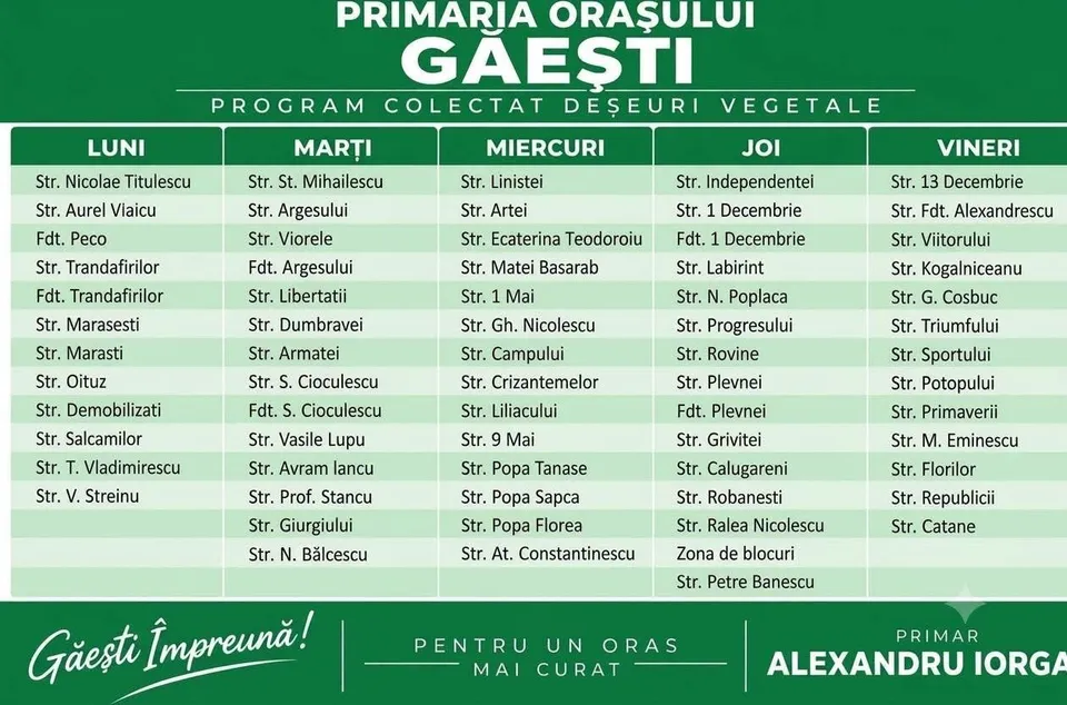 Un afiș verde cu text alb prezintă un program de colectare a deșeurilor vegetale pe zilele săptămânii și liste de nume de străzi.