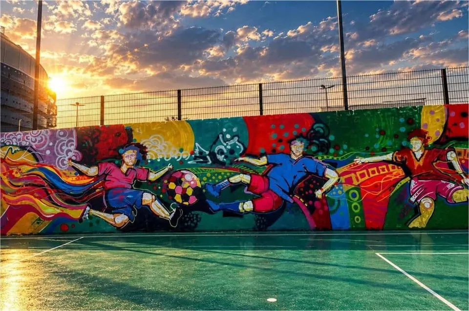 O pictură murală colorată cu figuri umane în mișcare este amplasată pe un zid de deasupra unui teren de sport sub un cer la apus.